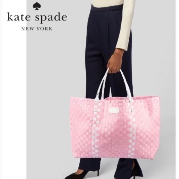 Kate Spade Pink & White Wicker Large Tote ♠️ - Picture 1 of 12